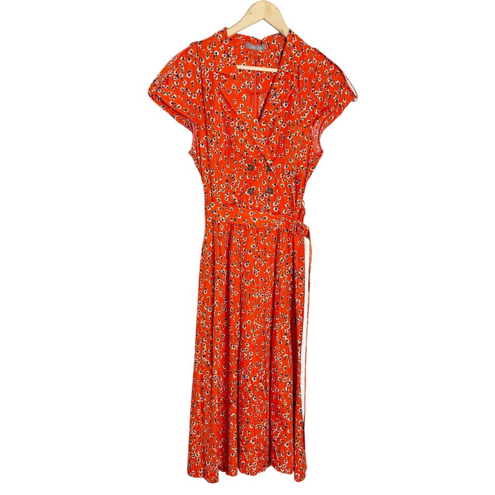 Lela Rose Red Orange Floral Print Double Breasted Belted Cotton Midi Dress 10